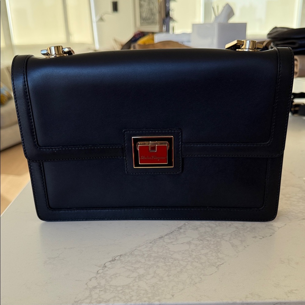 Salvatore Ferragamo Black Leather Shoulder Bag with Gold and Red Accents